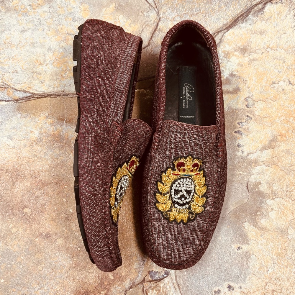 Donald J. Pliner Signature Treviso Beaded Skull Driving Loafers Burgundy Luxury